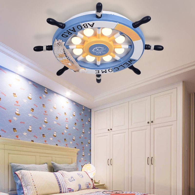 8 Lumières Bédouillaire Flush Mount Fixture with Rudder Wooden Shade Cartoon Blue / Brown Ceiling Lamp in Warm / White Light