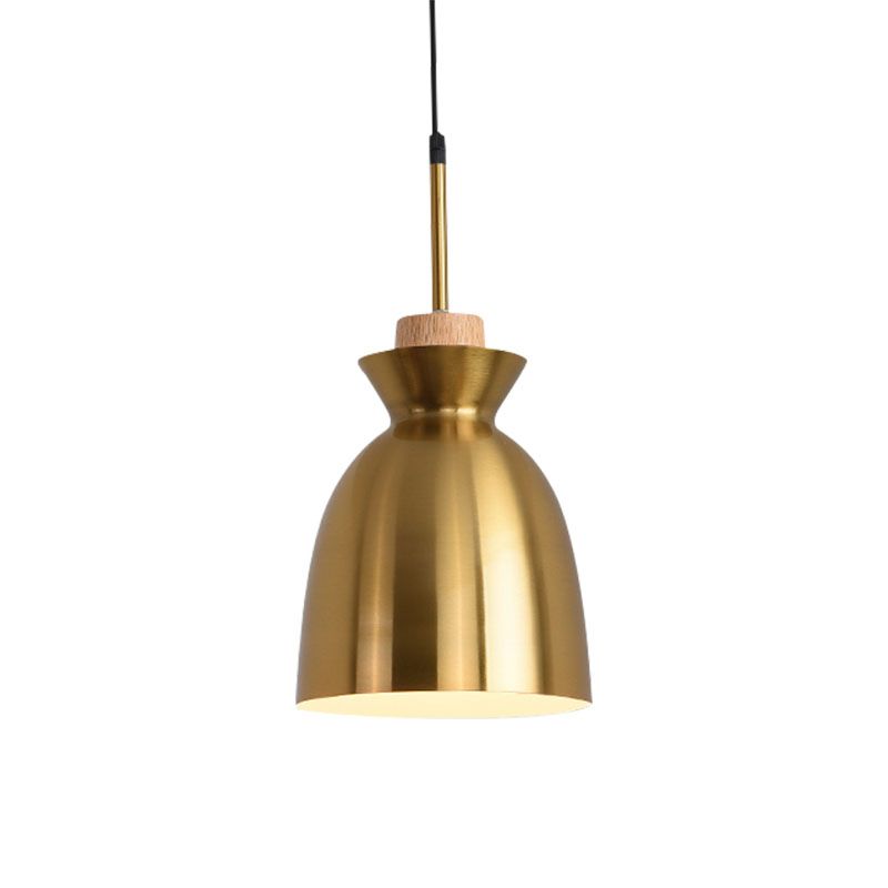 Contemporary Pendant Lights, Brass Metal 1-Light Pendant Light Fixture with Wood Top