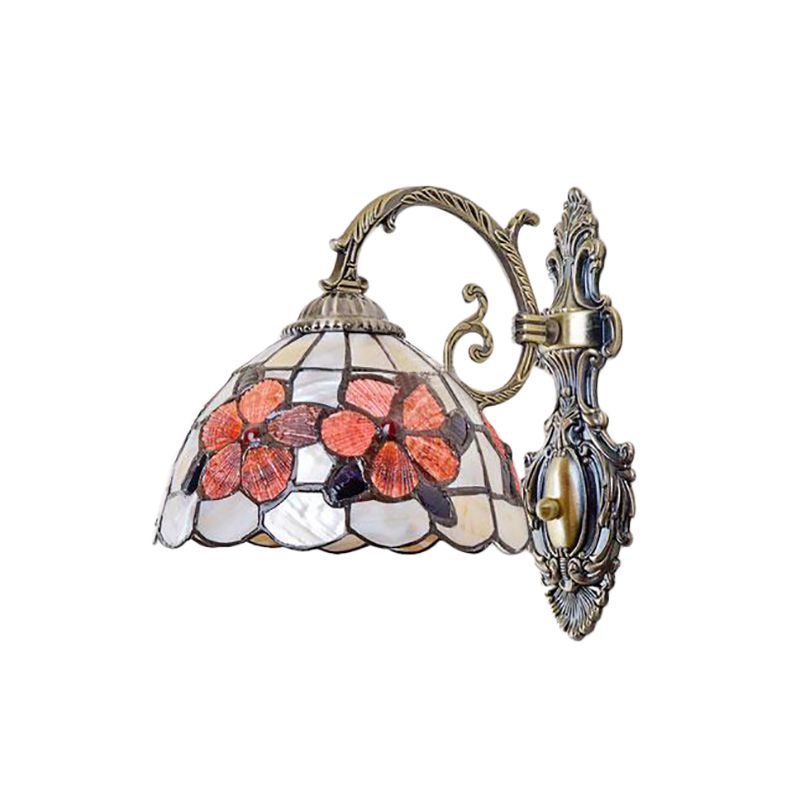 Bowl-Shaped Wall Mount Fixture Stained Glass 1 Light Wall Lighting with Flower Pattern in Antique Brass
