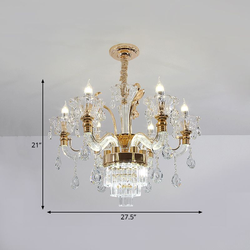 Clear Glass Candelabra Chandelier Traditional 6-Light Dining Room Ceiling Suspension Lamp in Gold with Cystal Accent