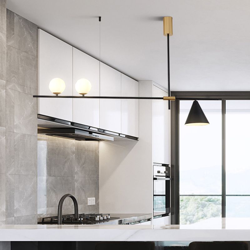 Lampada con isola conica in metallo contemporaneo a 2 luci appesi luce in nero con tonalità di vetro opale