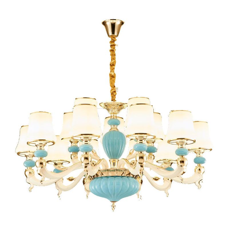 Modern Suspension Lamp Light Blue Tapered Ceramics Chandelier Lighting Fixture with Opal Glass Shade