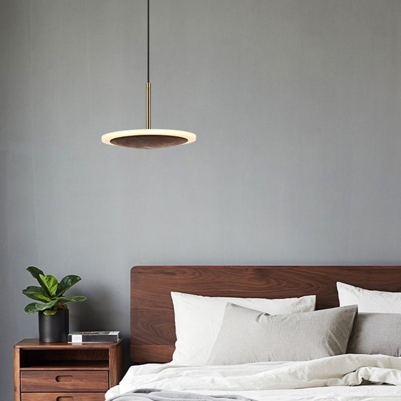 Luce a ciondolo in legno di noce marrone moderna semplice 1 luce rotonda a led lampada per soggiorno