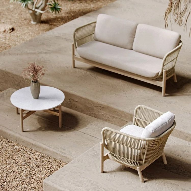 Natural Outdoor Patio Sofa with Cushion Wood Or Metal Frame Patio Sofa with Rope Accent