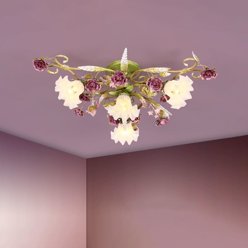 Opale Glass Secalloped Semi Flush Fleleur coréenne 4 Bulbes salon Fleur