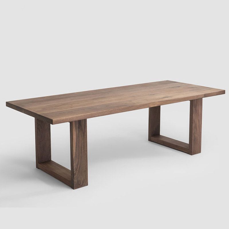 Mesa de comedor de madera maciza industrial mesa rectángulo en marrón con base de pedestal doble