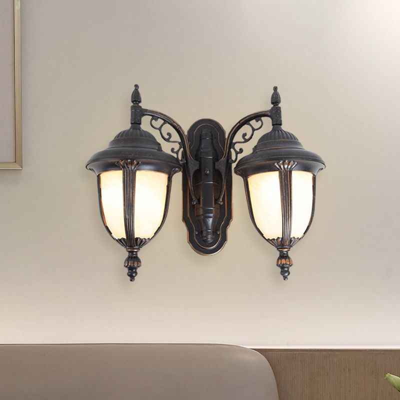 Black Finish Acorn Wall Lighting Ideas Country Milk Glass 2 Lights Courtyard Wall Lamp Fixture
