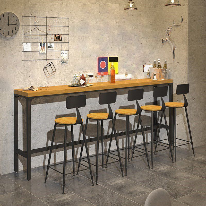 Rectangular Pine Wood Top Bistro Table Industrial Bar Table with Metal Trestle Base