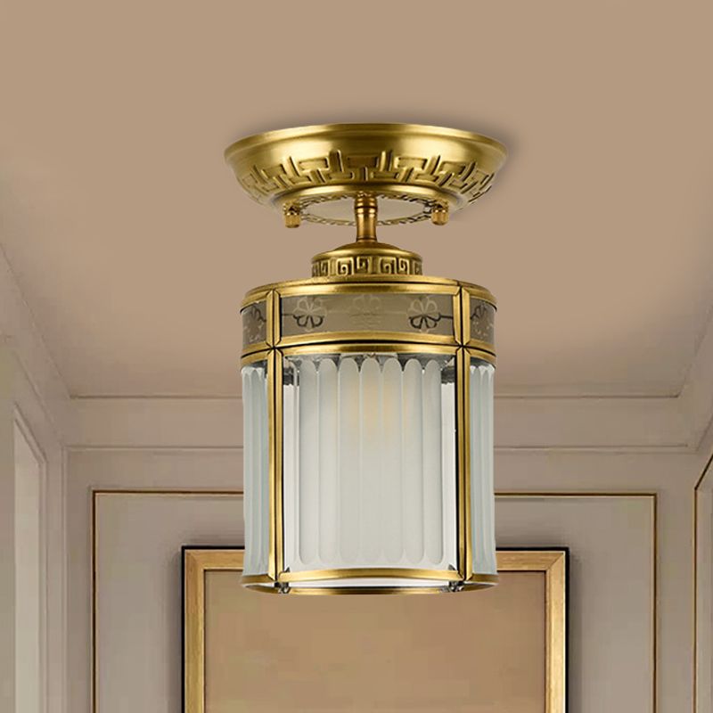 1 Light Metal Semi Mount Lighting Traditional Brass Cylinder Corridor Ceiling Lamp