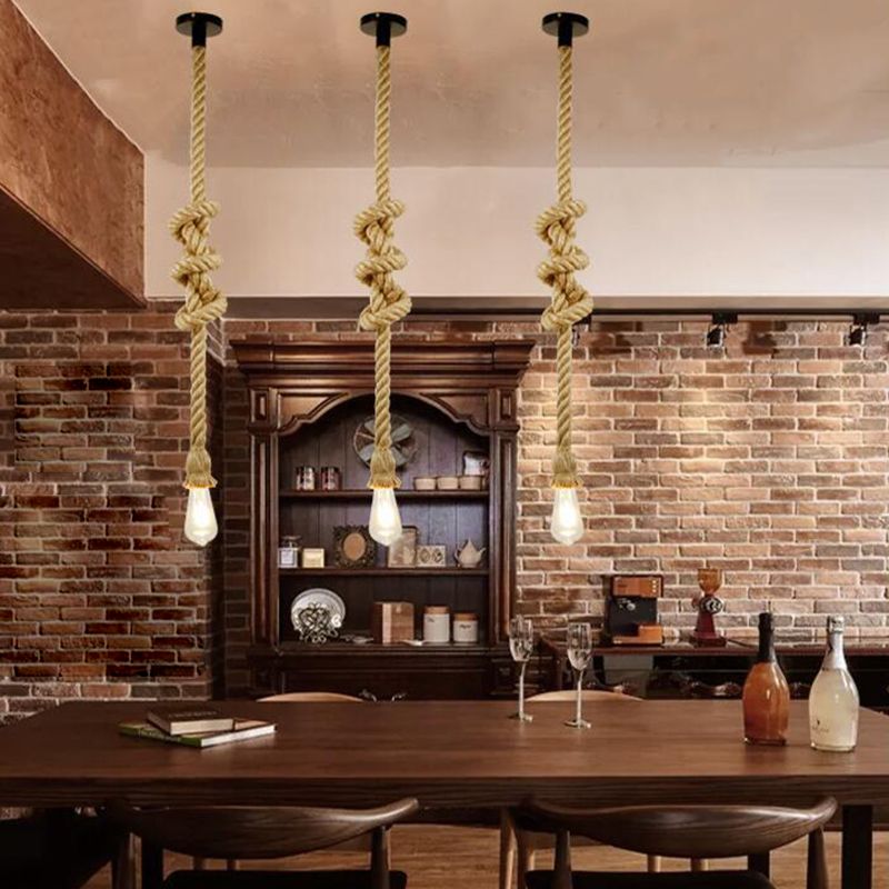 Natural Hemp Rope Hanging Light Retro Industrial Bare Bulb Single Light Ceiling Pendant for Bar Coffee Shop