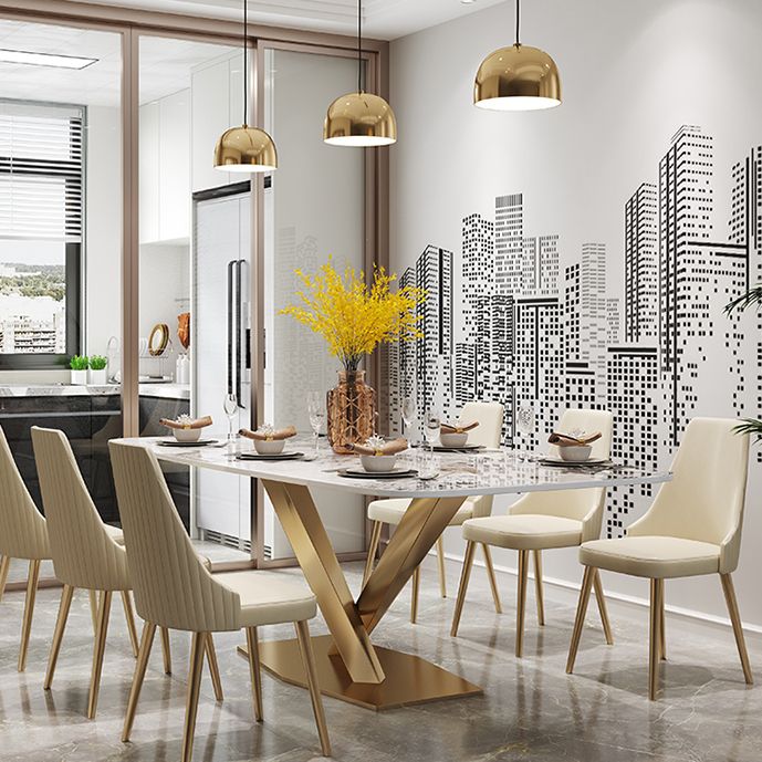 Mesa de comedor de piedra sinterizada de lujo Mesa blanca rectangular con pedestal de metal