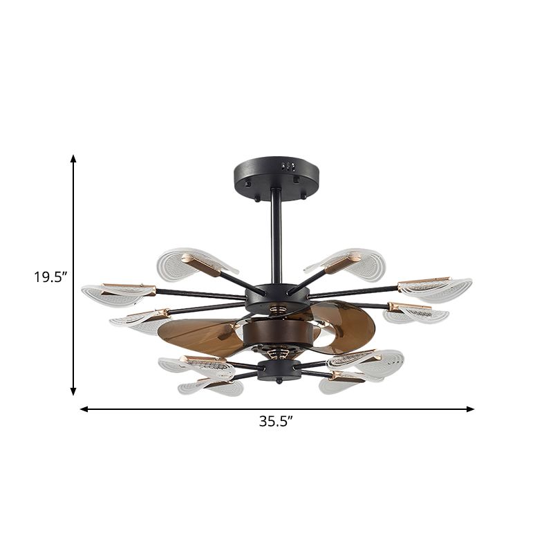 Modern Cattail Leaf Semi Flush Lighting Acryl 10 Lights Slaapkamer 3-blade ventilatorlamp in het zwart, 35,5 "breed