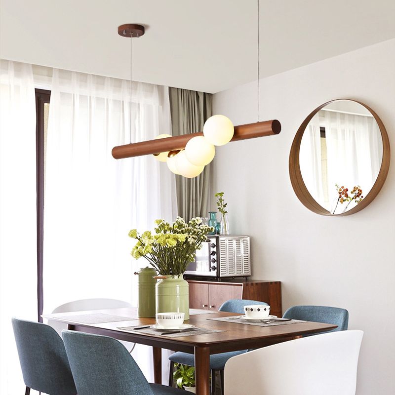 Lampe lampade dell'isola Globe Contemporanea il lampadario dell'isola in legno con tonalità di vetro bianco