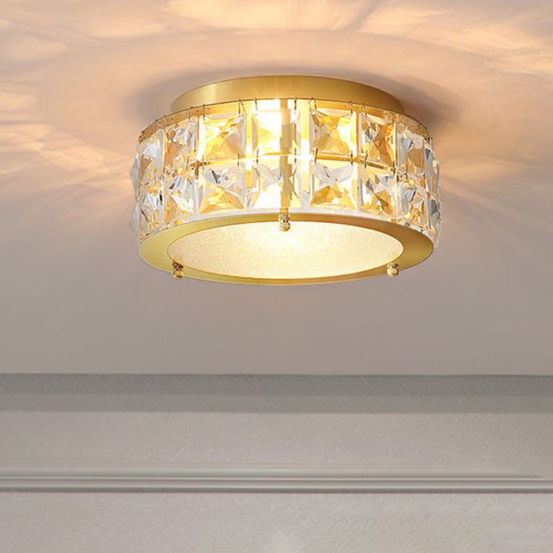 Brass Round Small Ceiling Light Postmodern Beveled Crystal 2-Light Bedroom Flush Mount Lamp