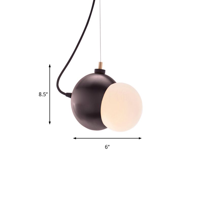 Mini Domed Pendant Lamp Modern Stylish Metal 1 Light Black Hanging Lamp with Opal Glass Shade for Indoor