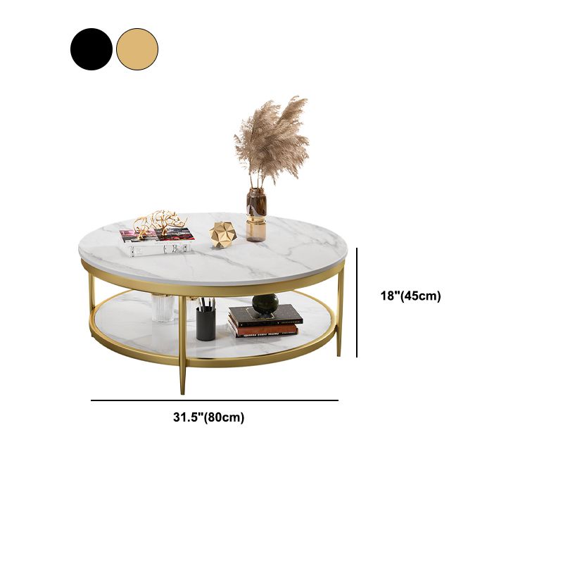 17.7" H Glam Round Slate Coffee Table Metal 4 Legs Cocktail Table with Shelf
