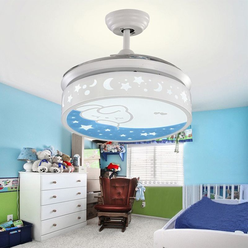 Drum contemporain fans de lampe en métal LED 36 "LA CHAMBRE À KIDES DE LA LIGE 4 BLADES SEMI FUX MONT EN BLANC avec un lapin et un motif d'étoile