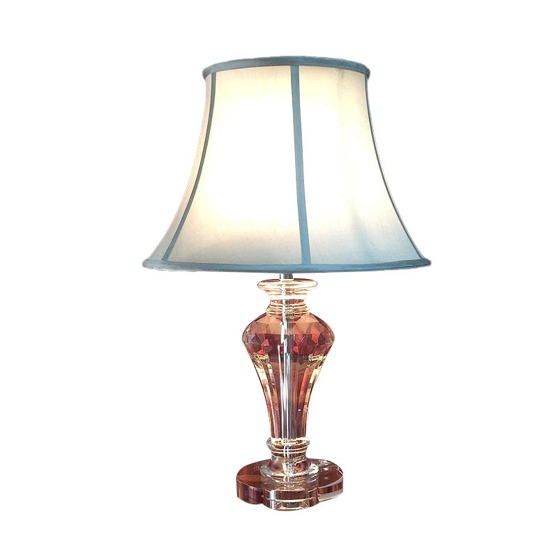 Tela blanca/azul lámpara de noche de estilo rural de lámpara de tela con base de cristal transparente