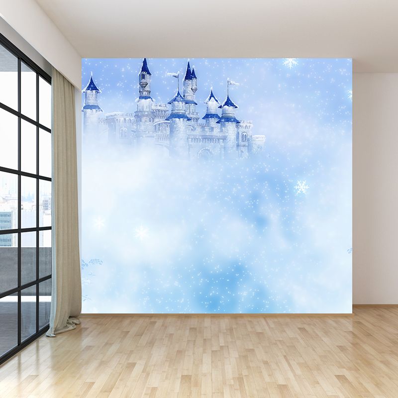 Modern Castle and Snowflake Mural Wallpaper Blue Winter Nature Landscape Wall Covering