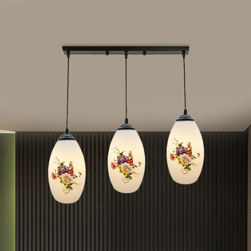 3 Lights Oval Multi-Pendant Modern Black Finish White Printed Glass Ceiling Hang Fixture with Round/Linear Canopy