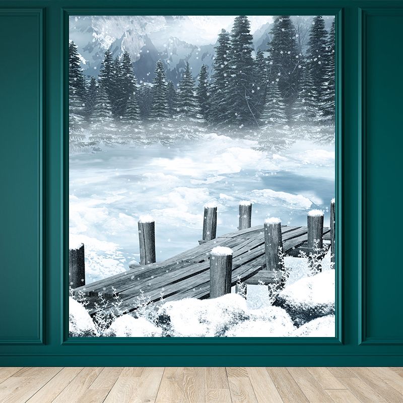 White Frozen Lake Mural Wallpaper Moisture Resistant Wall Covering for Dining Room