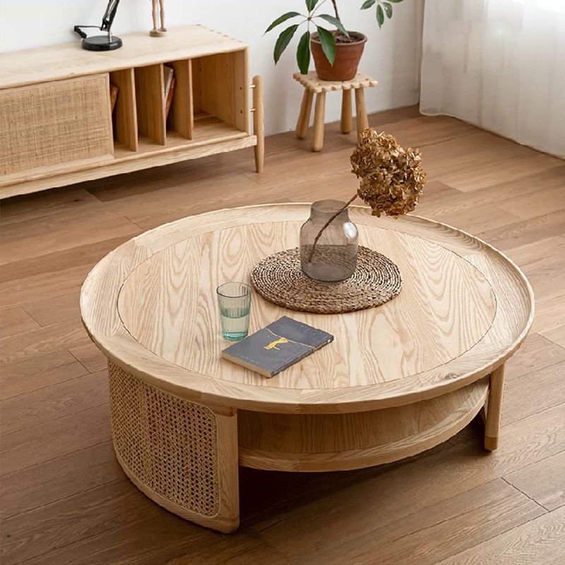 15"H Contemporary Cocktail Table Round Solid Wood Single Coffee Table