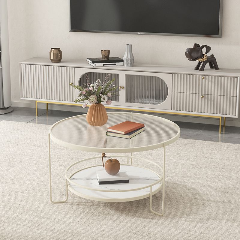 3 Legs Round Cocktail Table Glass Top Coffee Table with Shelf