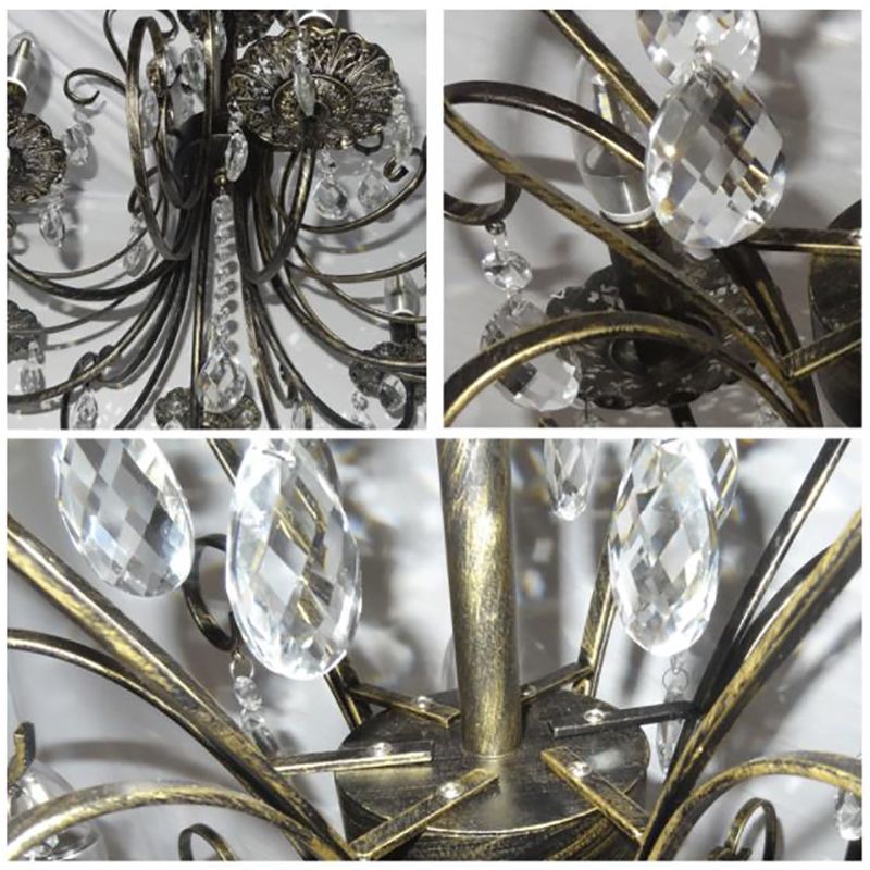 Rustieke stijl kaarsenkroonluchter verlichte smeedijzeren 6 lichten suspensielamp met kristal accent in messing