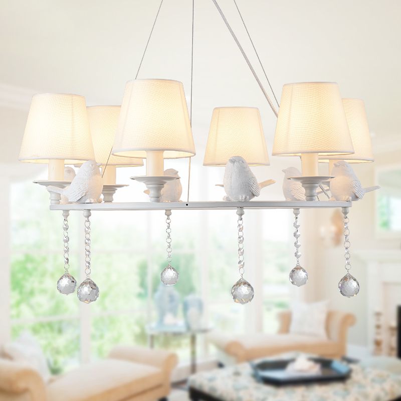 8 Lights Pendant Light Classic Cone Fabric Hanging Chandelier in White for Bedroom with Crystal Draping