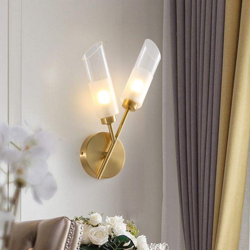 2 Bulbs Tube Wall Mount Lamp Traditional Brass Finish Clear Glass Wall Sconce Light for Indoor