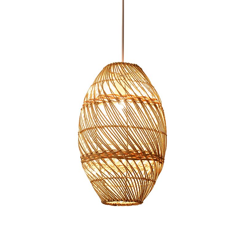 Bamboo Rattan Oval Hanging Lighting Asian 1 Light Wood Pendant Lamp Kit for Tea Room