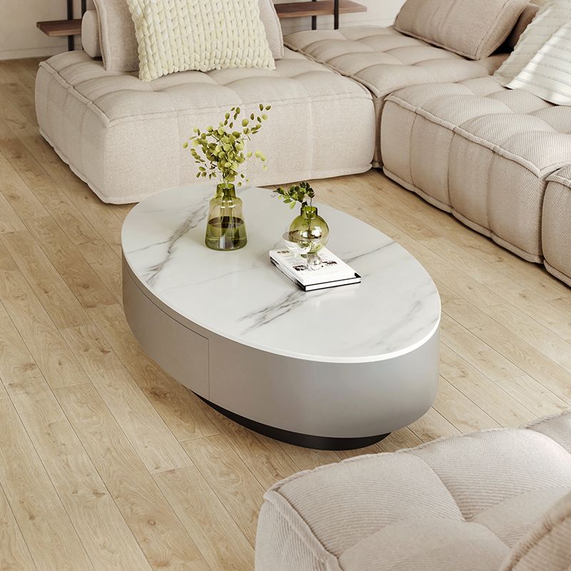 13.7"Tall Drum Oval Slate Top Coffee Table with Drawer for Living Room