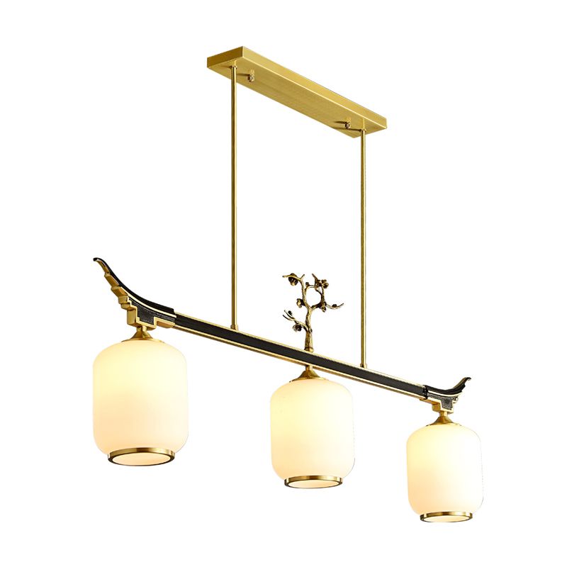 Modern Style Cylindrical Shape Island Lights White Glass 3-light Pendant Lights in Gold