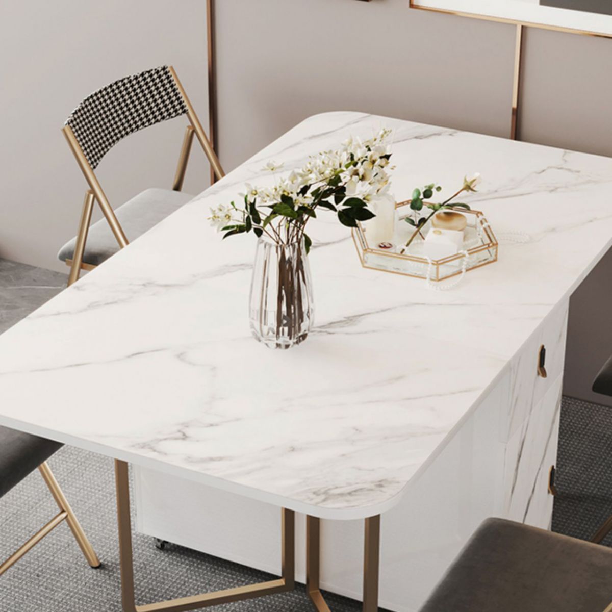 Modern Foldable Dining Room Set Standard Height with Gold Base Dining Furniture