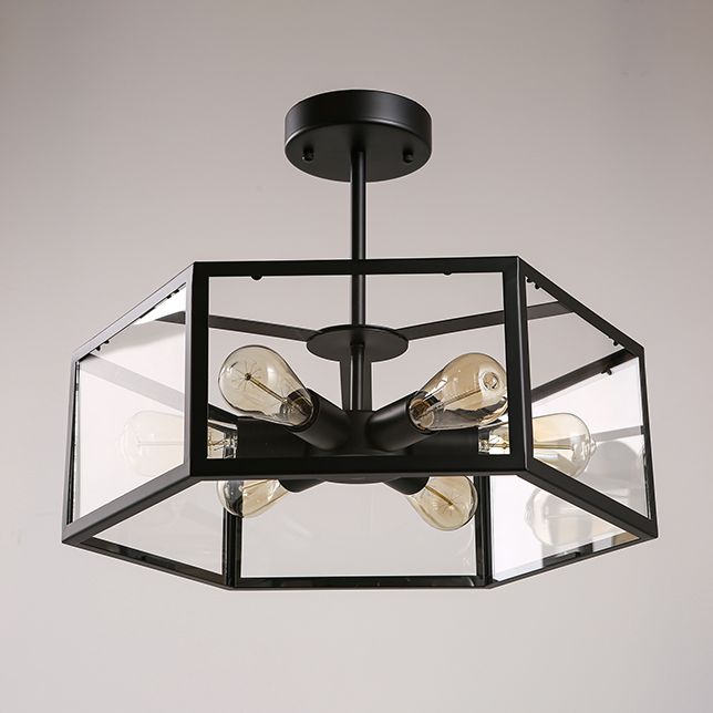 Hexagonal Glass Chandelier Light Fixture Industrial 6 Bulbs Suspension Light in Black