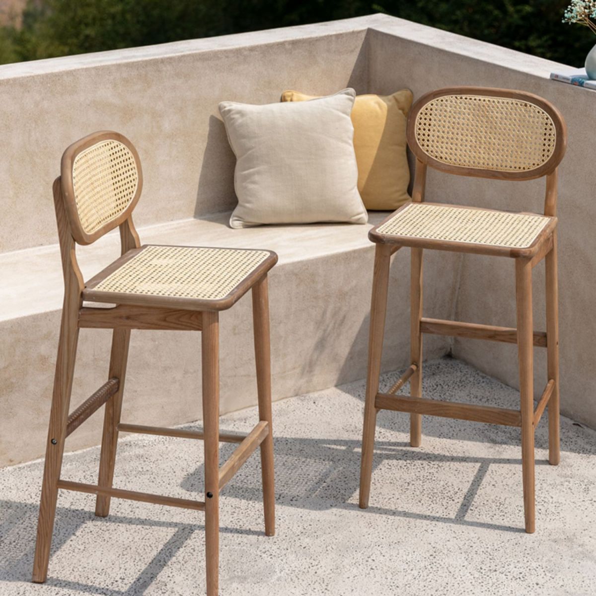Contemporary Ash Wood Bar Stools Indoor Rattan Low Back Stool