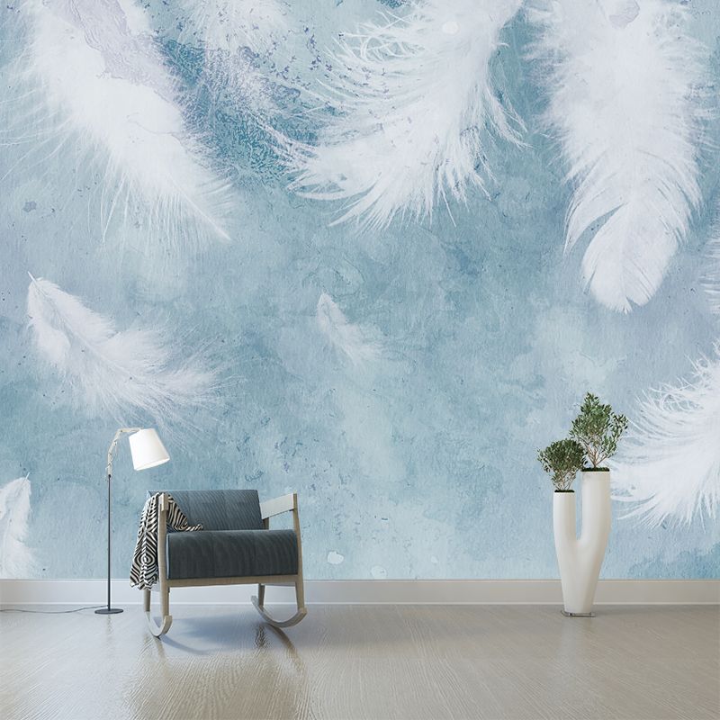 White Feather Wall Mural Decal Water Resistant Modernist Bedroom Wall Art on Blue