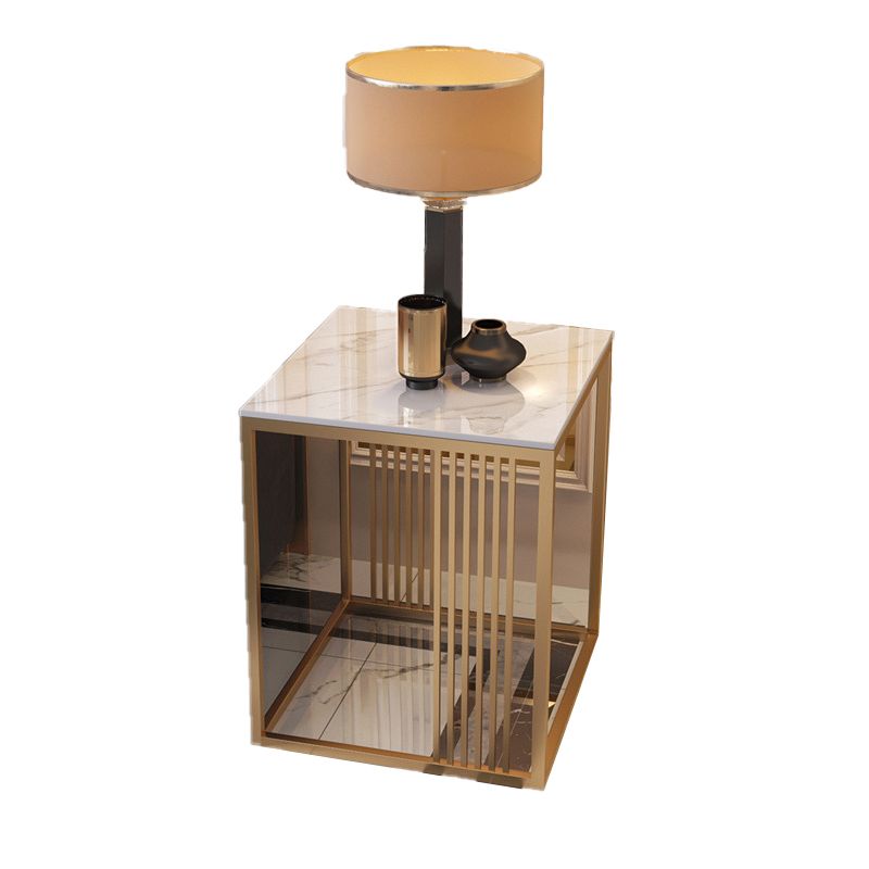 Golden Frame End Table 19.69" Tall Square Stone Sofa Side Accent Table