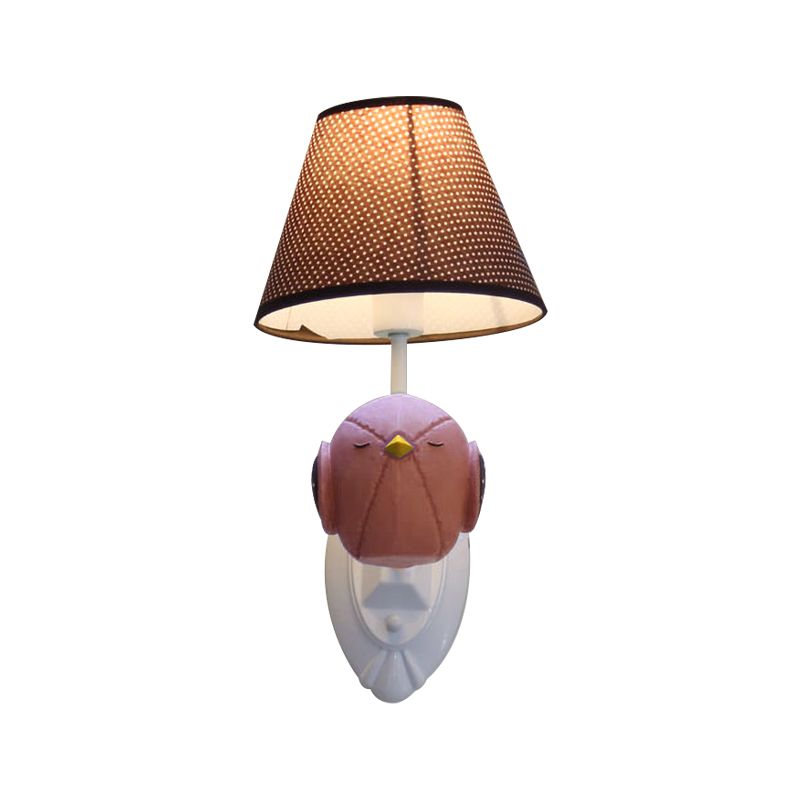 Pink/Blue Bird Wall Mount Light Cartoon 1 Head Resin Sconce Lamp Fixture with Cone Brown Fabric Shade