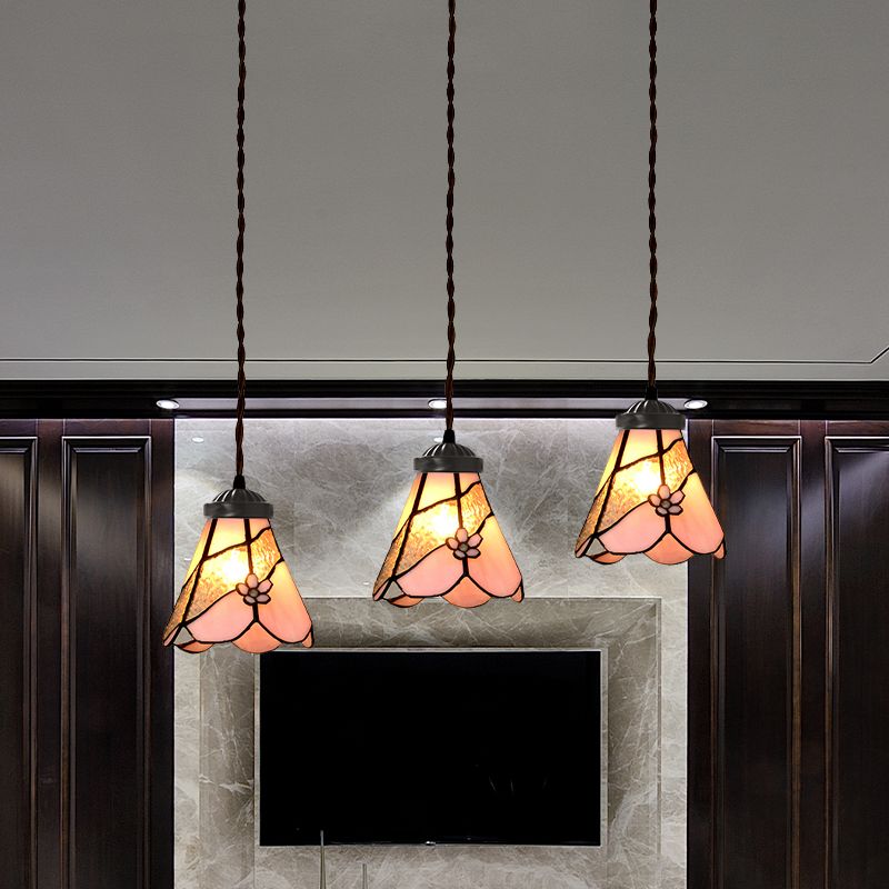 Bowl/Morning Glory Multi-Light Pendant 3 Bulbs Pink Stained Glass Baroque Style Hanging Lamp Kit for Dining Room