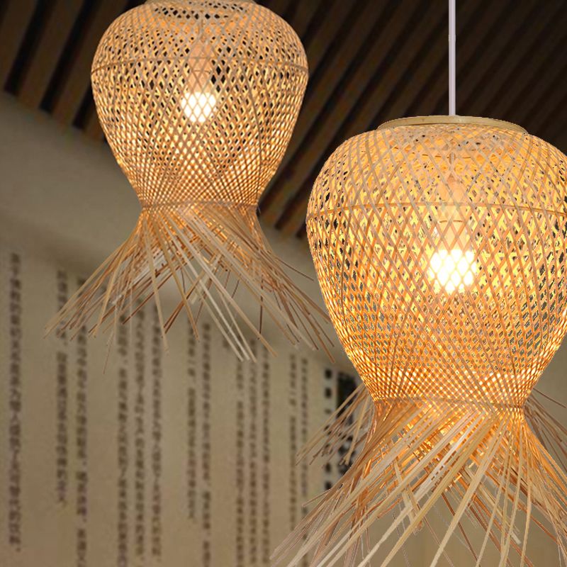 Zeitgenössische handgefertigte hängende Lichtbambus 1 Glühbirne Anhängerleuchte in Beige