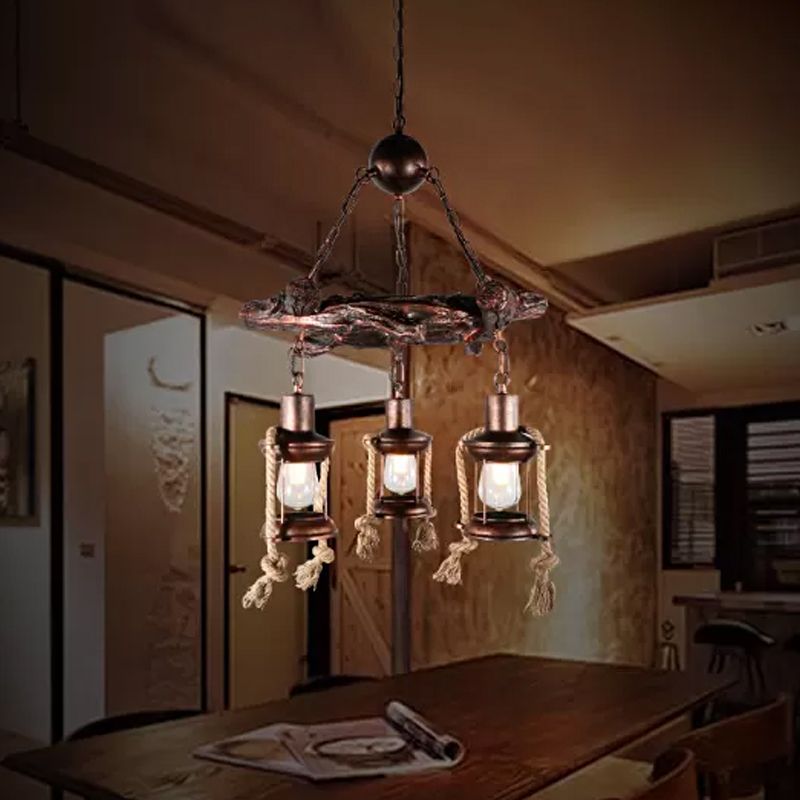 Nautical Circle/Wheel Hanging Light Kit 3/7 Heads Metallic Chandelier Pendant with Lantern and Rope Cord in Copper