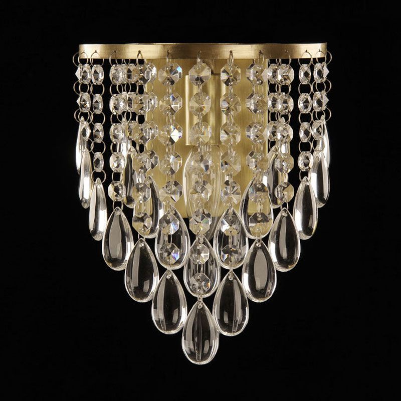 1-Bulb Crystal Raindrop Wall Lighting Idea Simple Brass Cone Living Room Sconce Light Fixture