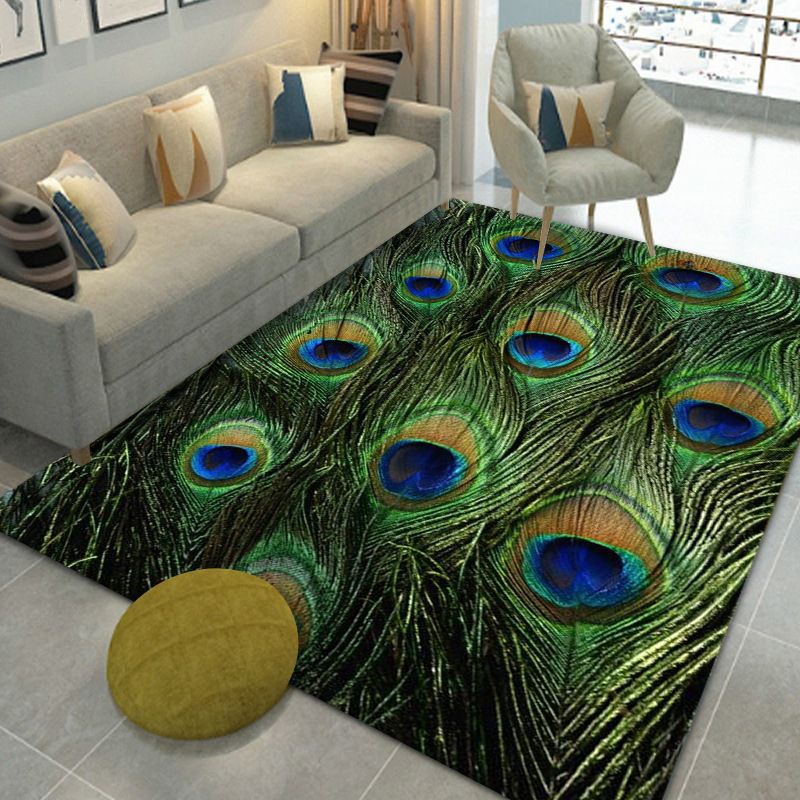 Dark Green Peacock Feathers Rug Polyester Modern Rug Washable Rug for Home Decor