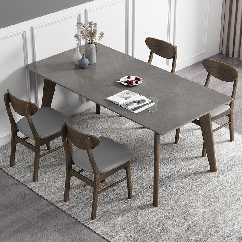 Industrial Style Rectangle Dining Table Sintered Stone Table with Wood Legs