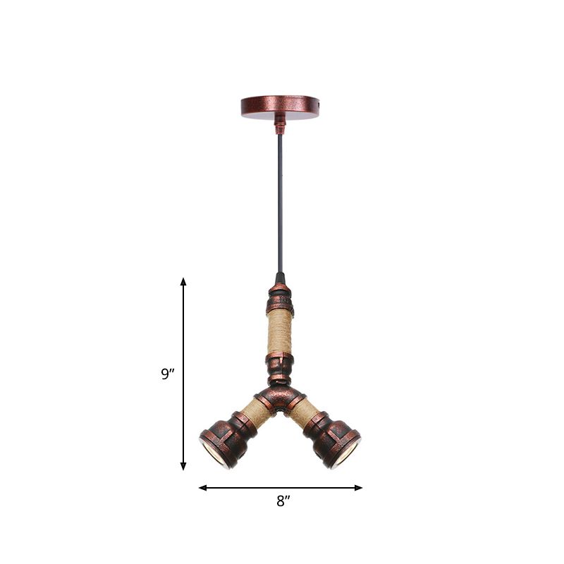 2/3 Heads Pendant Chandelier Vintage Water Pipe Metallic Hanging Ceiling Light in Rust, 8"/9"/10" Width