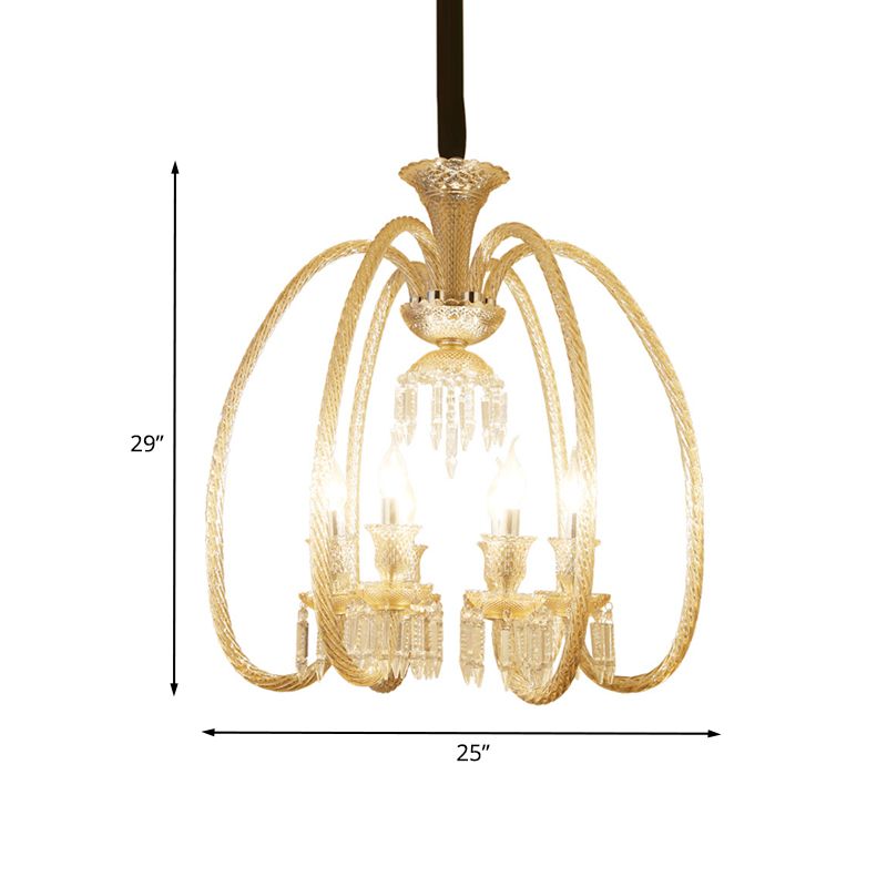 6/8 Heads Hanging Chandelier Antique Living Room Pendant with Curving Cognac Glass Arm and Clear Crystal Drop