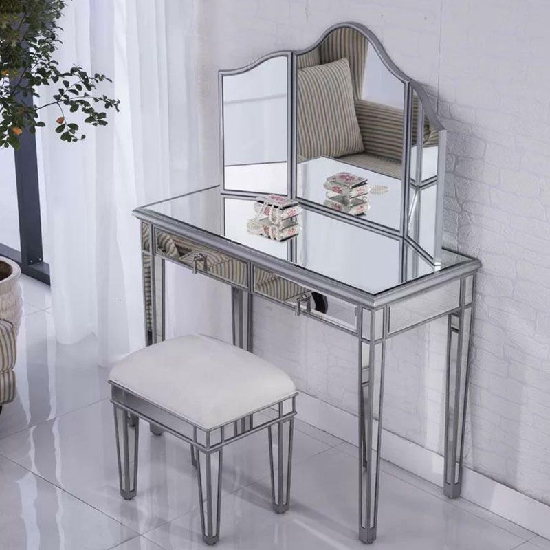2 Drawers Mirrored Makeup Table and Stool Set Vanity for Women in Silver