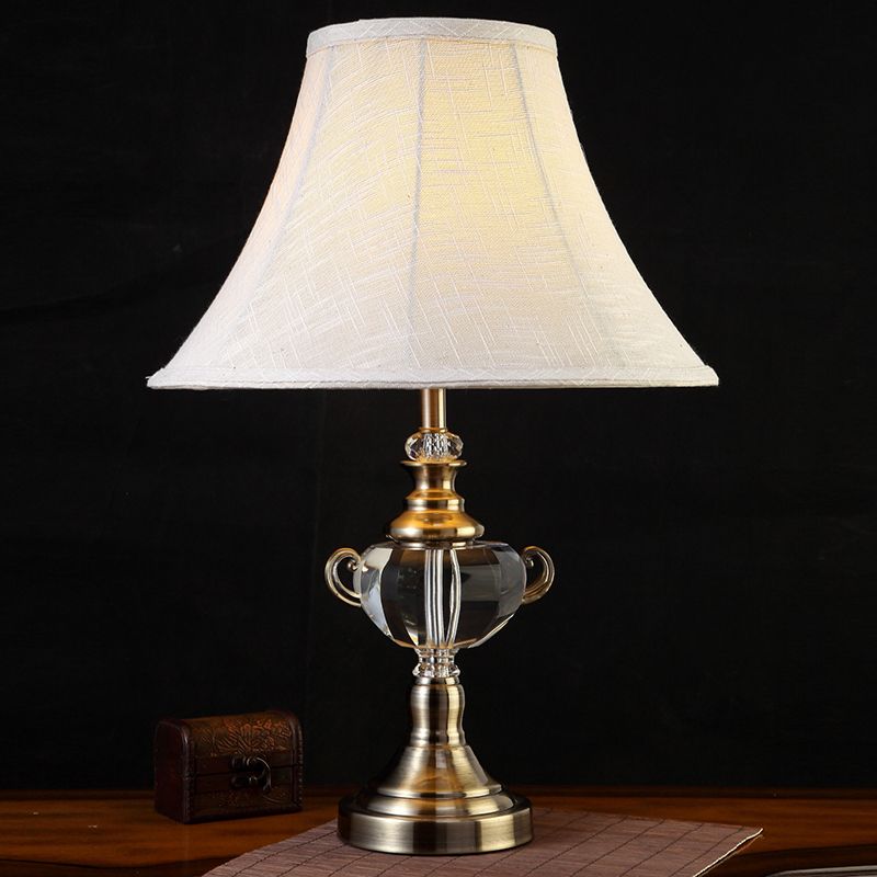 Tapered Fabric Nightstand Light Traditional 1 Light Bedroom Table Lamp in White with Crystal Deco