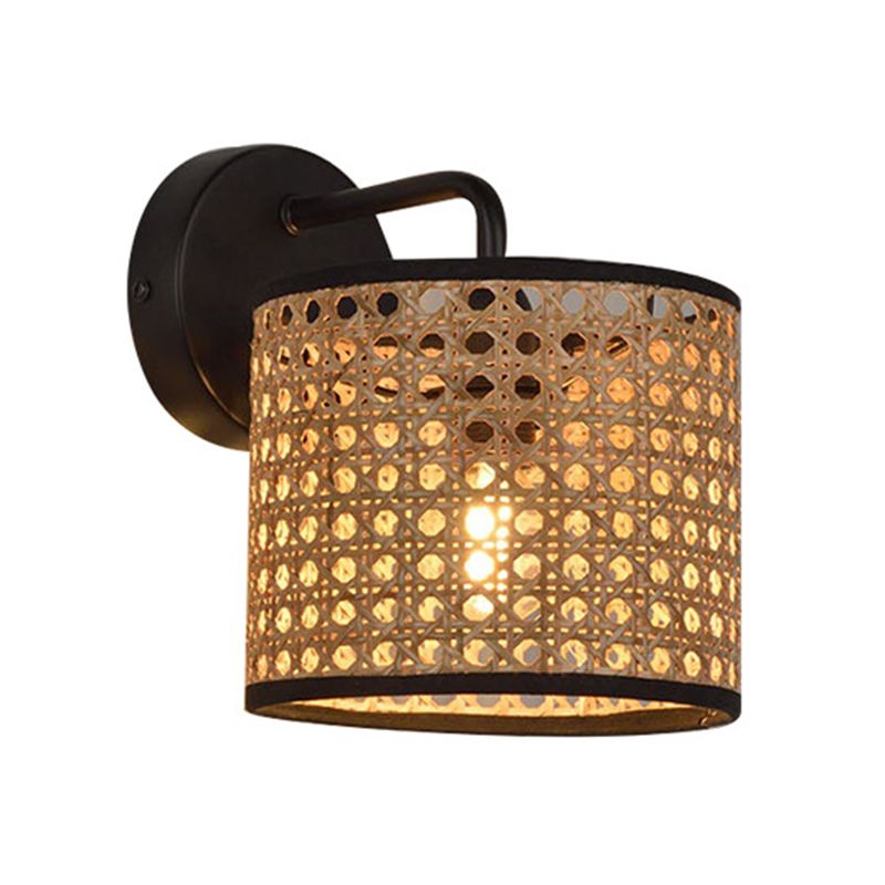 Rattan Cylinder Shape Wall Sconce Modern Style 1 Light Wall Light Sconce in Black
